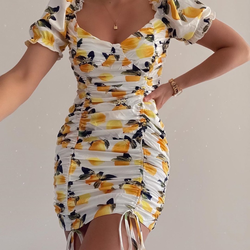 Missguided Lemon Print Ruched Milkmaid Dress
